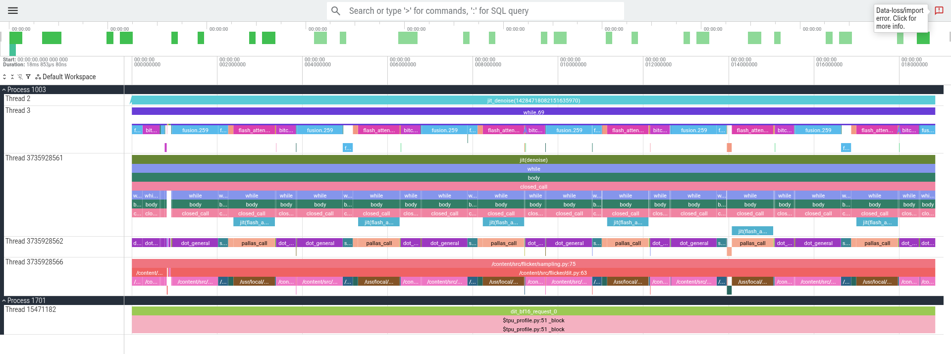 Production DiT, zoomed into single blocks: dense GEMMs now dominate each block; attention is one fused Pallas call.
