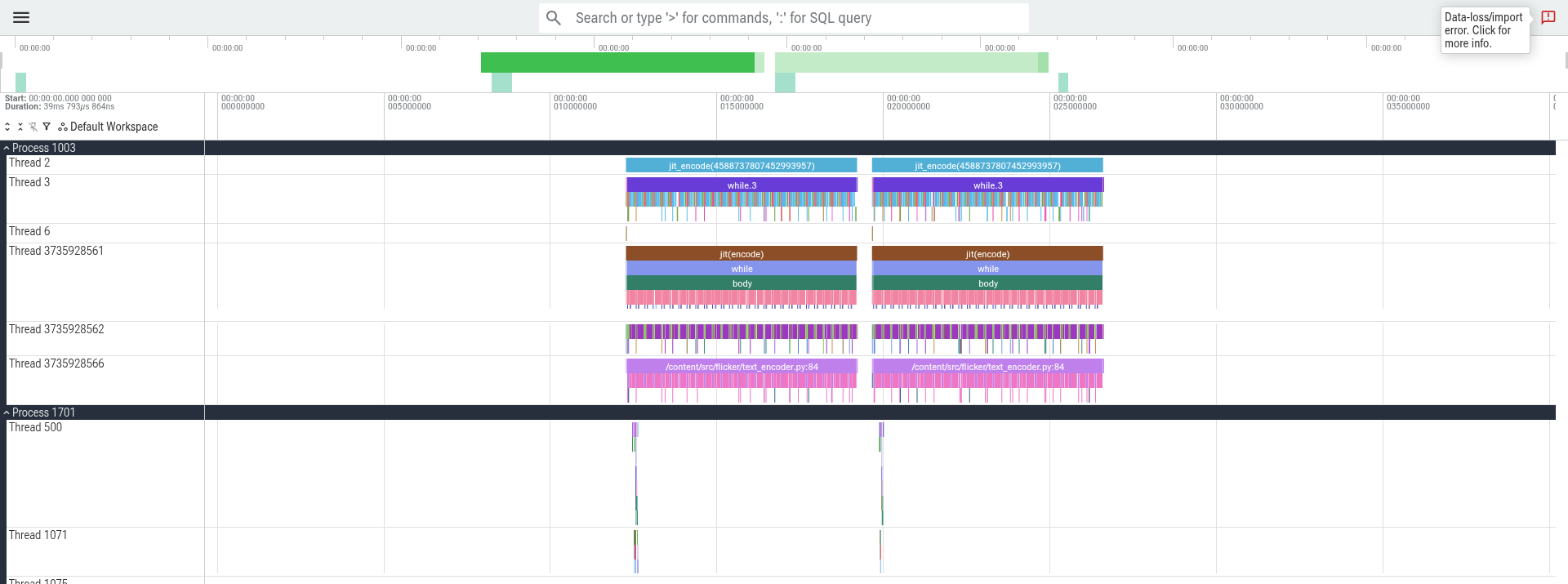 Production text encode: two back-to-back ~7 ms encodes, no host copy in front.