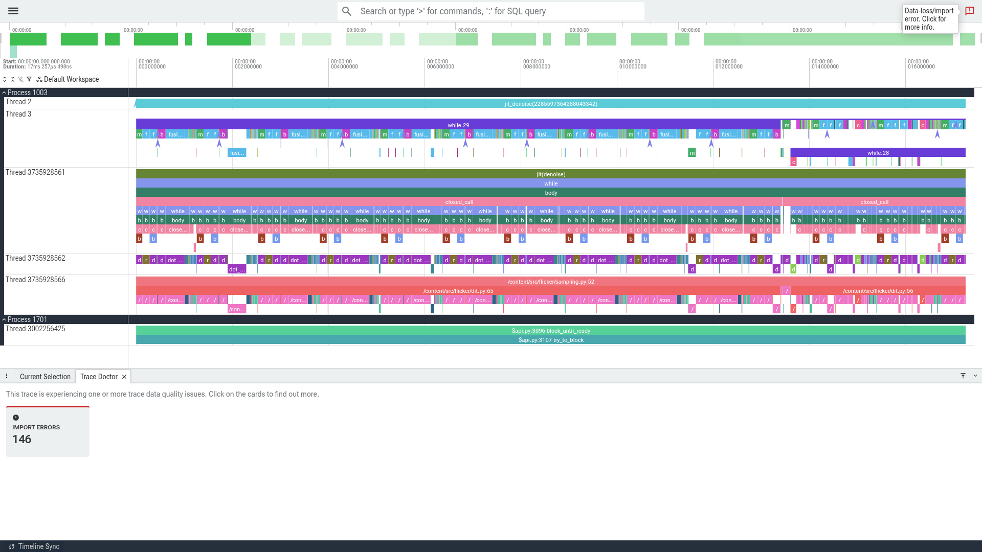 The same DiT window from the XProf capture, with Python source-line attribution and separate host and device processes
