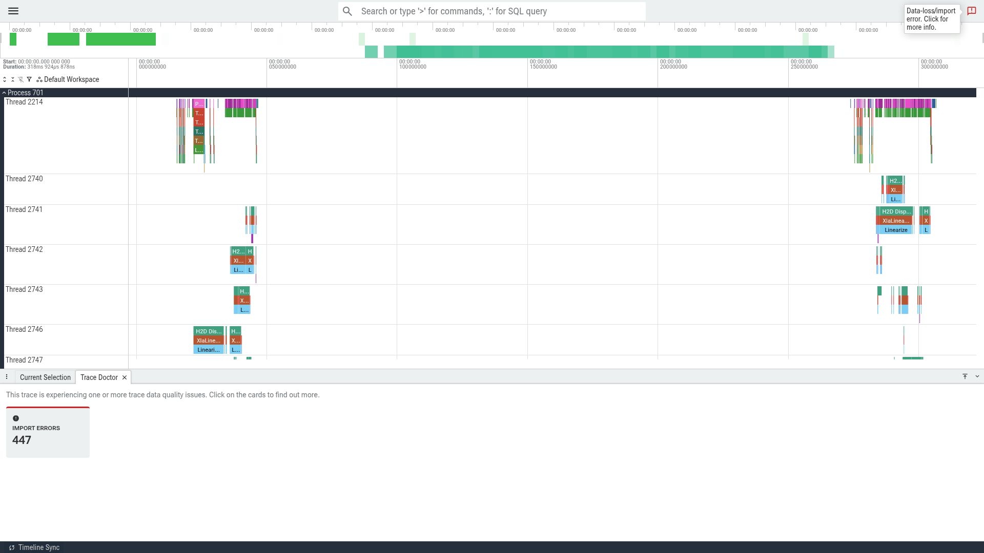 Perfetto timeline of a whole resident 512² request on v6e-1, one process, showing the DiT scan dominating