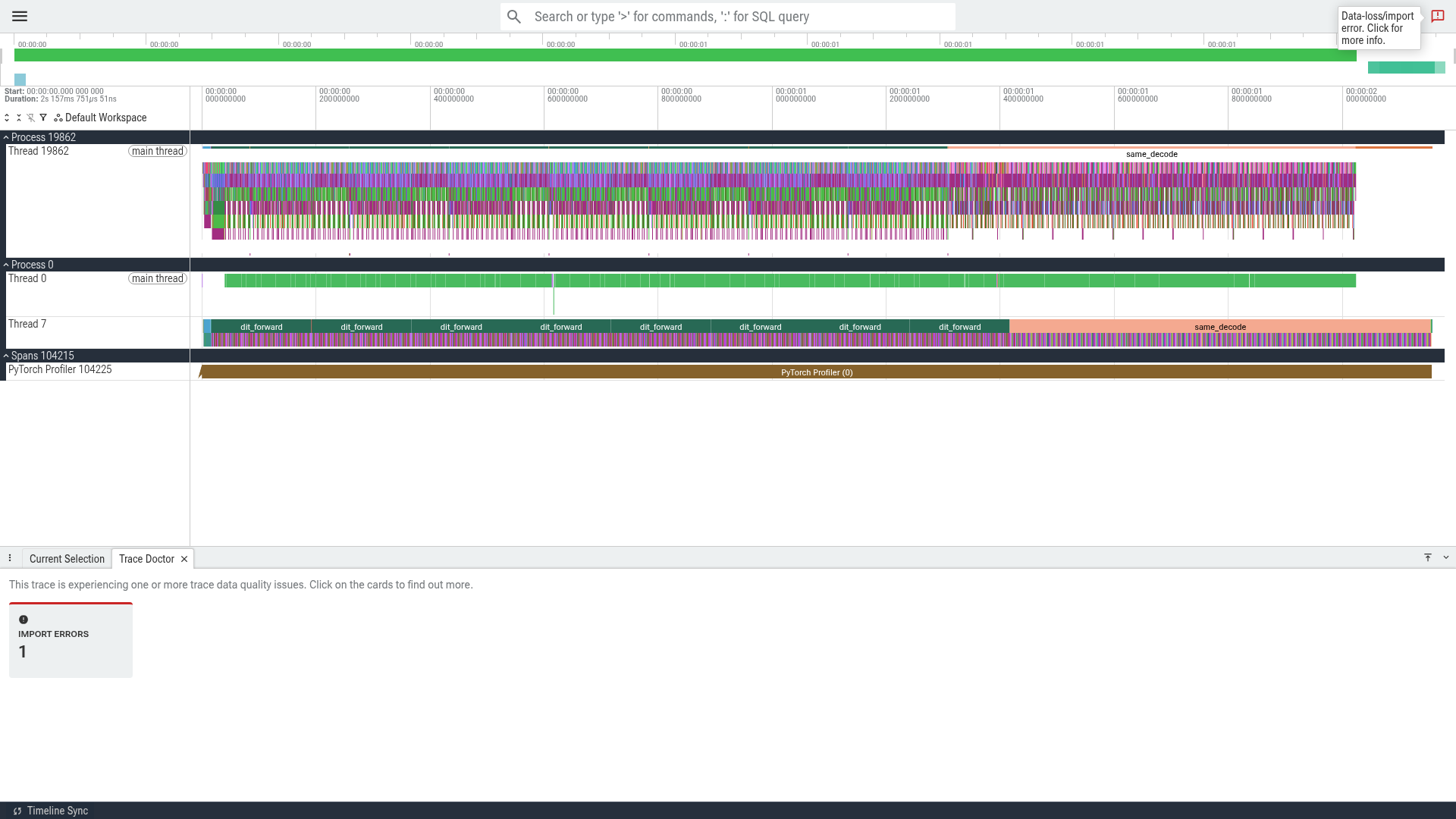 Perfetto timeline of the whole warm 120 s request: eight dit_forward ranges followed by one large same_decode range